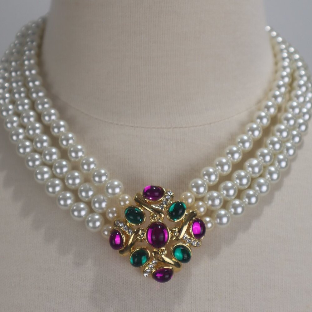Vtg 80's Necklace Choker Pearls w Gold Pendent Gem Stones Rhinestone Wedding